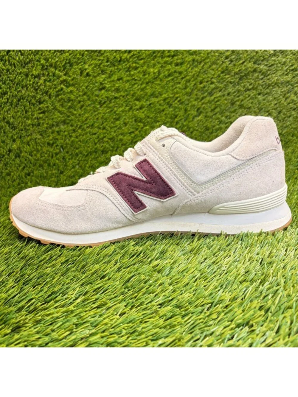 New Balance 574 Mens Size 13 Cream Burgundy Athletic Walking Shoes Sneakers